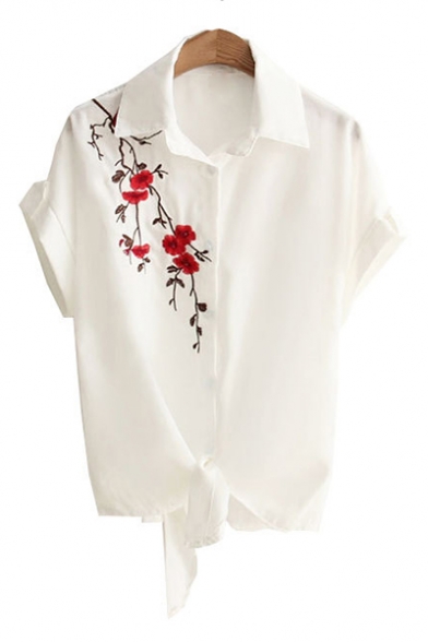 White Knot Front Floral Embroidered Short Sleeve Lapel Collar Button Down Shirt
