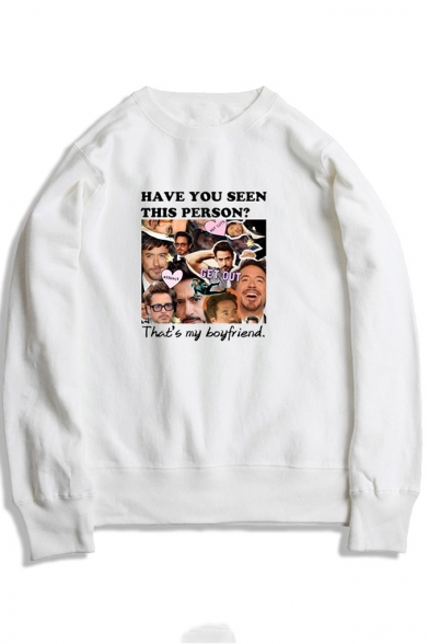 White Round Neck Long Sleeve Character Portrait Letter HAVE YOU SEEN THIS PERSON Printed Sweatshirt for Juniors