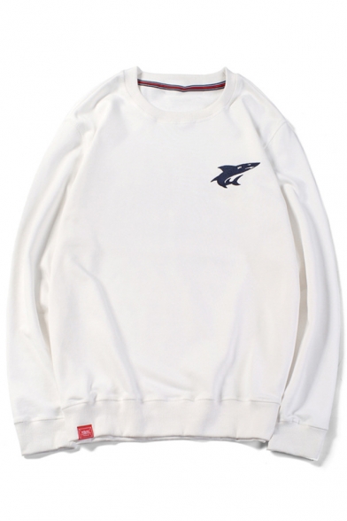 White Shark Printed Long Sleeve Round Neck Relaxed Sweatshirt for Men