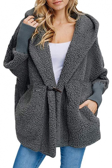 Women's Winter Shearling Hooded Long Sleeve Single Toggle Solid Warm Coat
