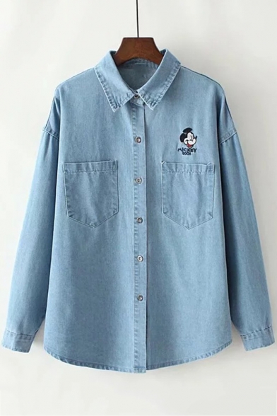 Cartoon Embroidered Lapel Collar Long Sleeve Button Down Denim Shirt with Chest Pockets