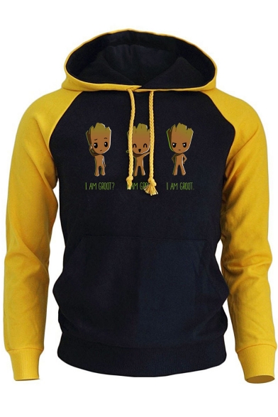 Cartoon Letter I AM GROOT Printed Colorblock Long Sleeve Sports Fitted Hoodie