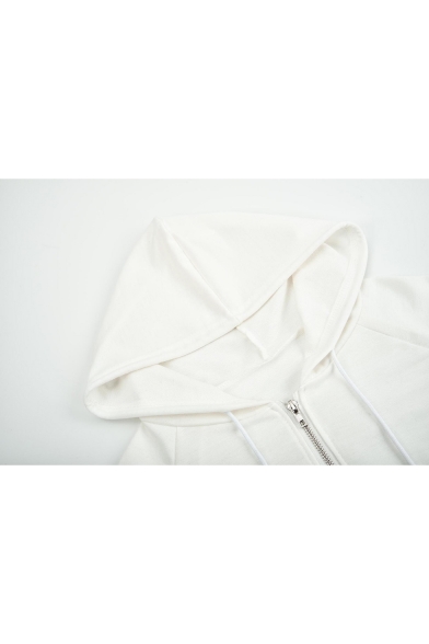 Colorblock Long Sleeve Drawstring Hem Zipper Placket Hooded White Cropped Coat