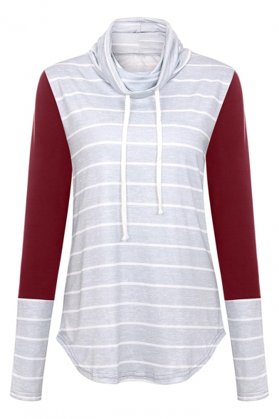 Colorblock Stripes Long Sleeve Cowl Neck Fitted Tee