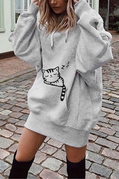Cute Cartoon Cat Printed Long Sleeve Leisure Oversize Tunics Hoodie