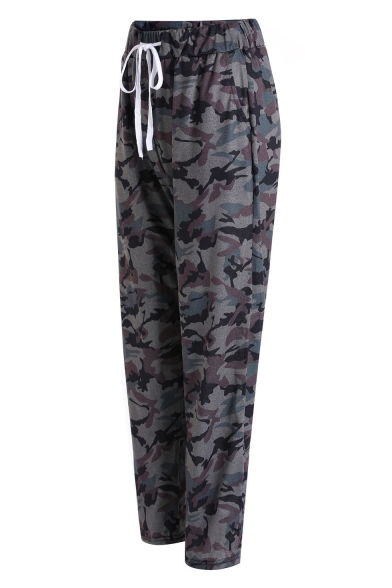 Dark Gray Camouflage Pattern Drawstring Waist Leisure Pants