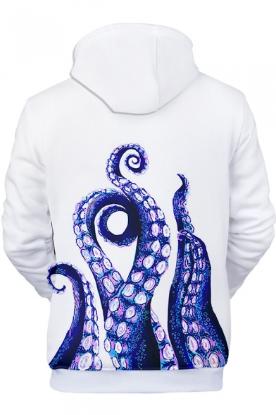 Digital Long Sleeve 3D Octopus Printed Unisex White Loose Hoodie