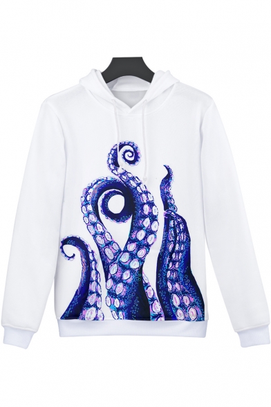 Digital Long Sleeve 3D Octopus Printed Unisex White Loose Hoodie
