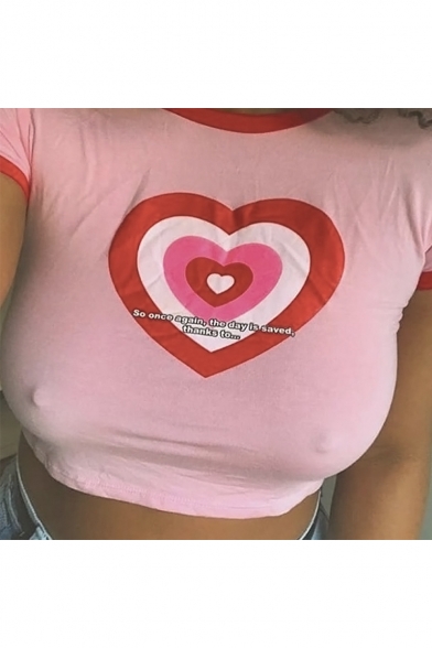 Fashion Heart Printed Round Neck Short Sleeve Cropped Pink Tee