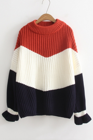 Fashion Mock Neck Long Sleeve Colorblock Leisure Sweater