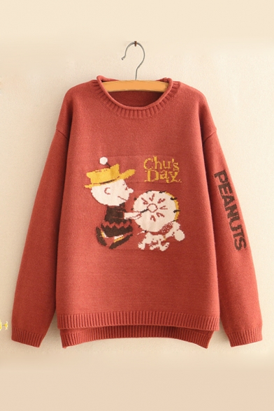 Funny Cartoon Character Letter Printed Long Sleeve Round Neck Knit Sweater