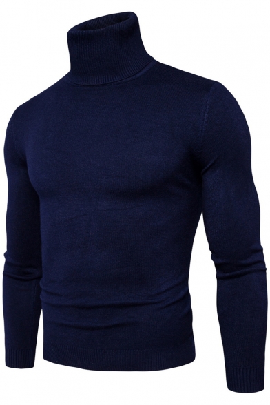 Gray Cotton High Neck Long Sleeve Slim Fit Plain Sweater