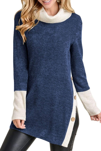 High Neck Colorblock Long Sleeve Split Side Button Embellished Tunics Sweatshirt