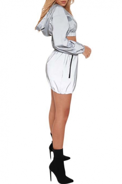 Hot Fashion Long Sleeve Zip Front Elastic Hem Crop Top Mini Skirts Gray Co-ords