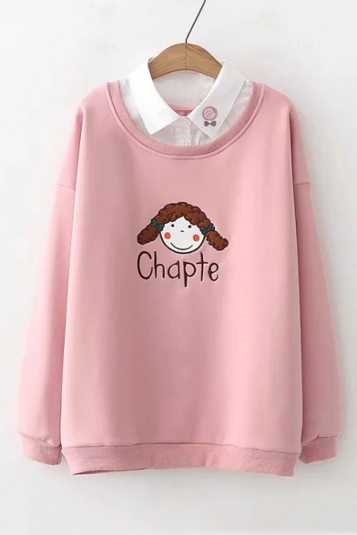 Lapel Collar Patched Long Sleeve Letter CHAPTE Cartoon Girl Embroidered Sweatshirt
