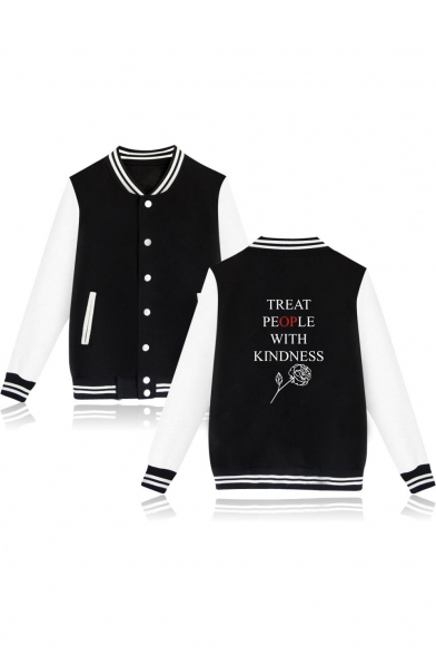 Letter Rose Color Block Rib Trim Single Breasted Stand Collar Baseball Jacket