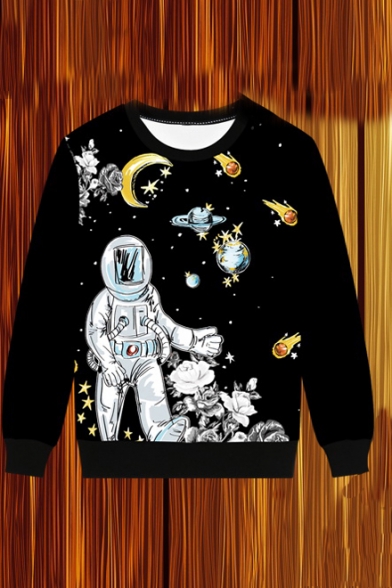 Long Sleeve Round Neck Astronaut Moon Printed Black Sweatshirt for Men