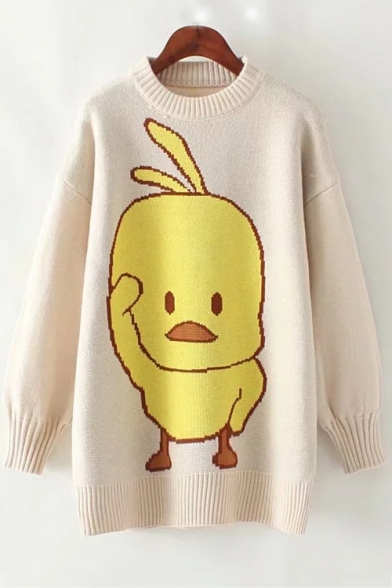 Lovely Cartoon Social Duck Pattern Crewneck Long Sleeve Tunic Sweater