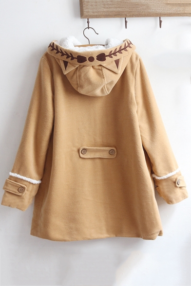 Lovely Cat Fish Bone Embroidered Long Sleeve Toggle Button Front Camel Woolen Coat