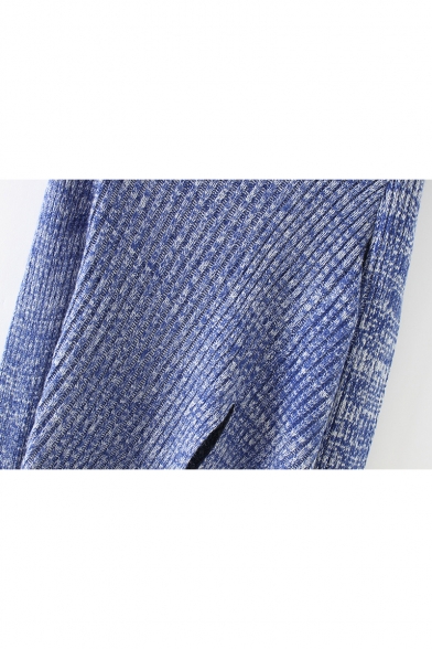 Mock Neck Long Sleeve Split Front Asymmetrical Hem Blue Slim Fitted Sweater