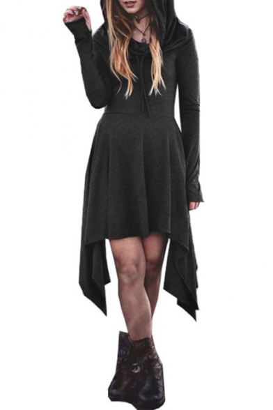 New Arrival Fashion Hooded Long Sleeve Solid Midi Asymmetrical Dress for Women