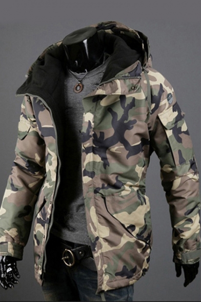 New Arrival Long Sleeve Hooded Camouflage Printed Zipper Cotton Coat