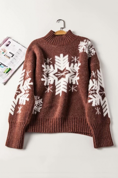 New Arrival Long Sleeve Mock Neck Snowflake Printed Knit Sweater