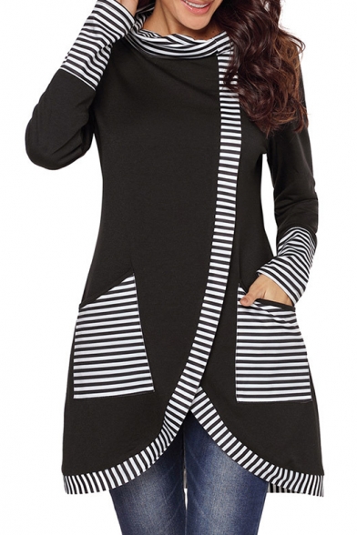 

New Arrival Striped Pattern Cowl Neck Long Sleeve Asymmetrical Hem Sweatshirt, Black;blue, LC495519