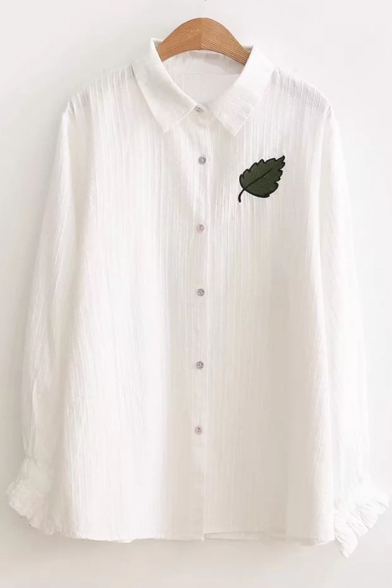New Fashion Leaf Embroidered Long Sleeve Lapel Collar Button Down White Shirt