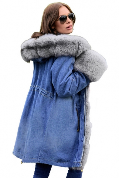 New Fashion Long Sleeve Fleece Hooded Patched Tunics Denim Coat