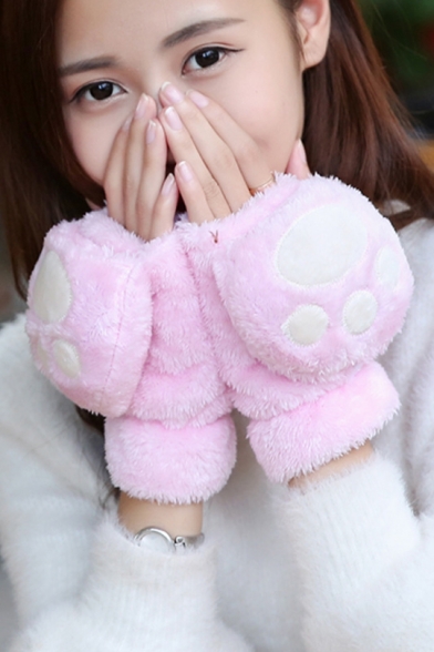New Stylish Cat Paw Pattern Fluffy Gloves for Girls