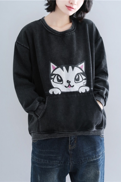 

New Trendy Cartoon Cat Printed Round Neck Long Sleeve Black Pullover Sweatshirt