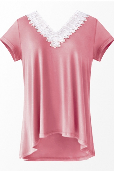 Pop Fashion Pink V-Neck Lace Trimmed Short Sleeves Summer T-shirt