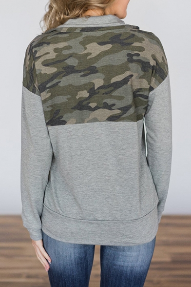 Popular Army Green Half-Zip Placket Camo Patchwork Women's Pullover Sweatshirt