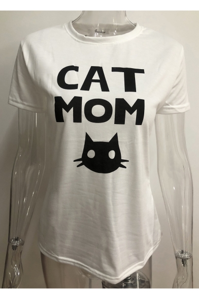 Popular Short Sleeve Round Neck Cartoon Cat Letter Printed Slim T-Shirt