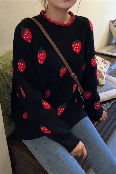 Sweet All Over Strawberry Printed Ruffle Trimmed Round Neck Long Sleeve Black Sweater