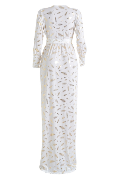 Unique Gold Feather Printed Long Sleeve Surplice V-Neck Tied Waist Split Front Maxi White Evening Dress