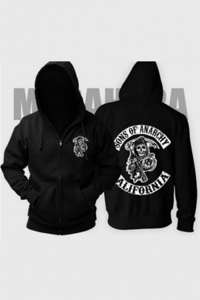 Unique Letter Skull Pattern Long Sleeve Regular Fitted Zip Up Hoodie