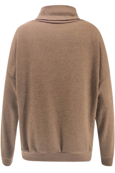 Winter Plain Rib Knit Turtleneck Long Sleeve Relaxed Sweater