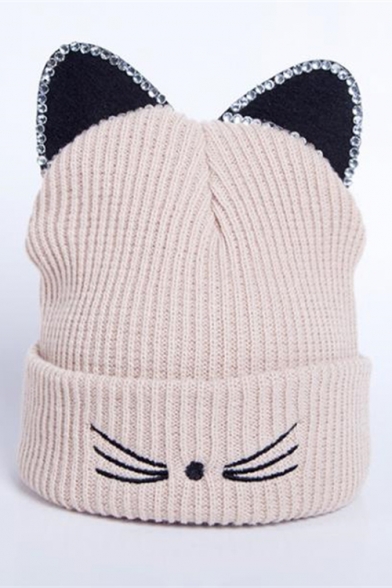 Winter's Fashion Beaded Embellished Ear Cartoon Cat Knitted Beanie Hat