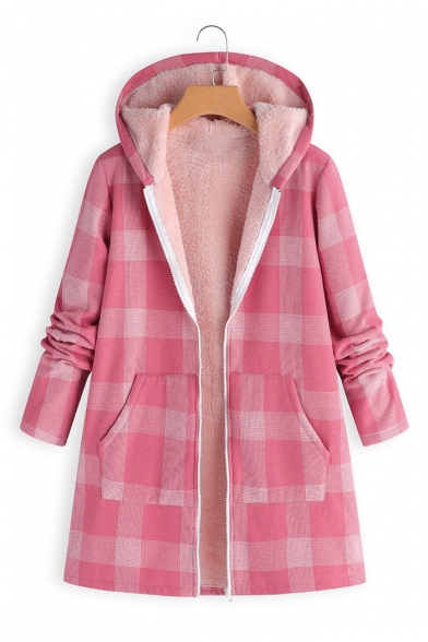 Winter's Warm Thick Long Sleeve Hooded Plaid Printed Shearling Inside Zip Up Longline Coat