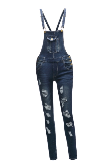 Women's Dark Blue Fashion Ripped Detail Skinny Fit Overall Jeans