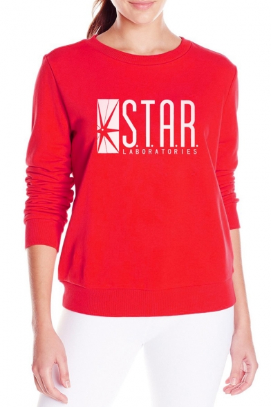 Women's Long Sleeve Letter STAR Printed Round Neck Sweatshirt