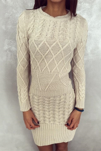Women's New Arrival Round Neck Long Sleeve Solid Cable-Knitted Mini Sheath Sweater Dress
