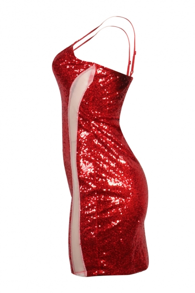 Women's Sexy Sheer Patchwork Sequined Mini Bodycon Slip Dress