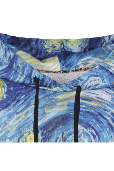 Blue 3D Whirlpool Oil Painting Pattern Long Sleeve Casual Hoodie