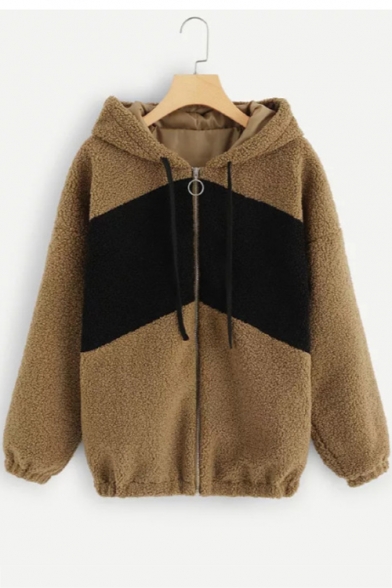 Brown Long Sleeve Colorblock Zip Closure Oversize Hooded Coat
