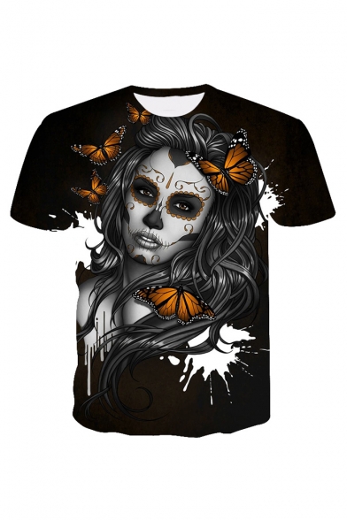 Butterfly Character Pattern Short Sleeve Round Neck Black Leisure T-Shirt