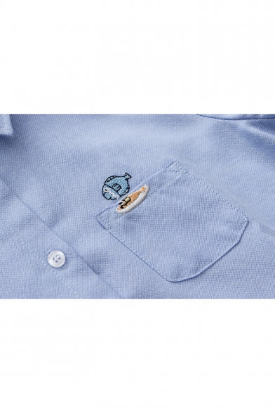 Cartoon Crying Fish Embroidered Pocket Chest Long Sleeve Lapel Collar Button Shirt