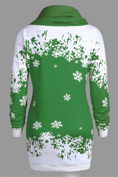 Charming Long Sleeve Colorblock Snowflake Printed Cowl Neck Tunics Sweatshirt